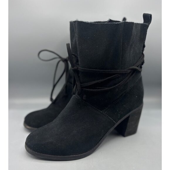 Toms Mila Black‎ Suede Ankle Boots Chunky Heel Size 8.5 Wrap Around - Picture 1 of 7